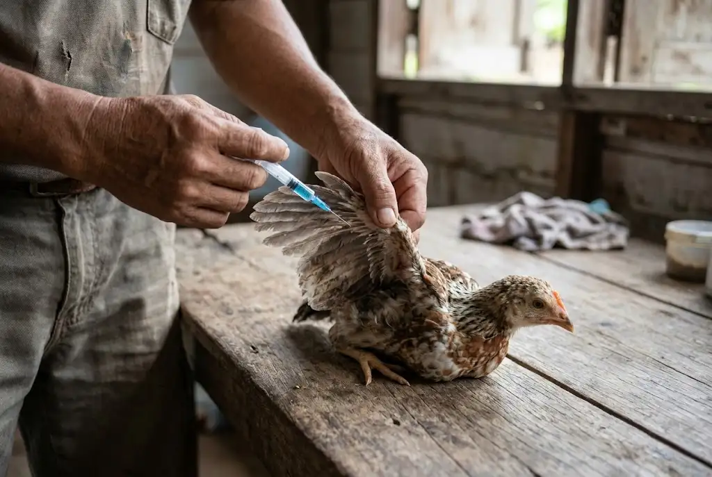 การแทงปีกเพื่อฉีดวัคซีนฝีดาษไก่ชนในช่วงไก่รุ่น