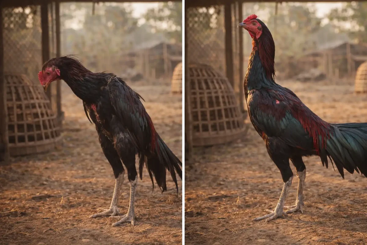 เปรียบเทียบไก่ชนก่อนและหลังฟื้นไข้แสดงความแข็งแรงที่กลับคืนมา