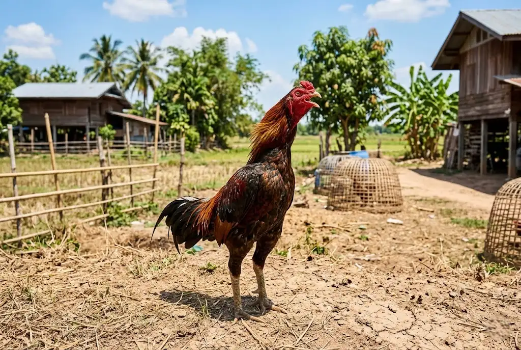 ไก่ชนอ้าปากหายใจจากความร้อนสะสมซึ่งเป็นสาเหตุของอาการซึมและไม่กินอาหาร