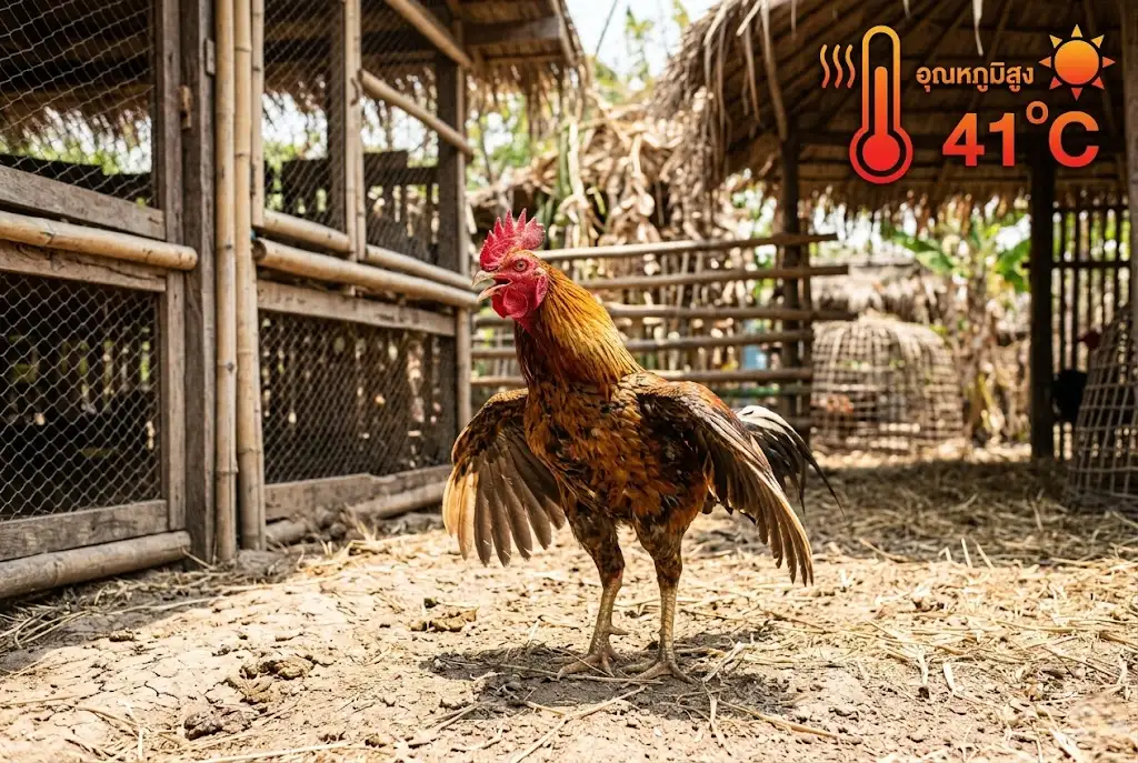ไก่ชนหอบจากสภาพอากาศร้อนหรือ heat stress ระหว่างการซ้อม