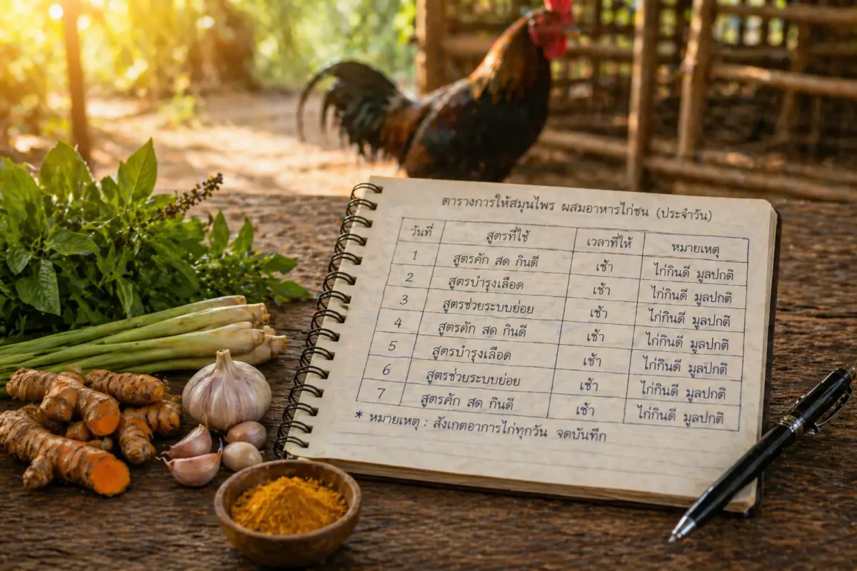 ตัวอย่างตารางให้สมุนไพรไก่ชนแบบรายสัปดาห์