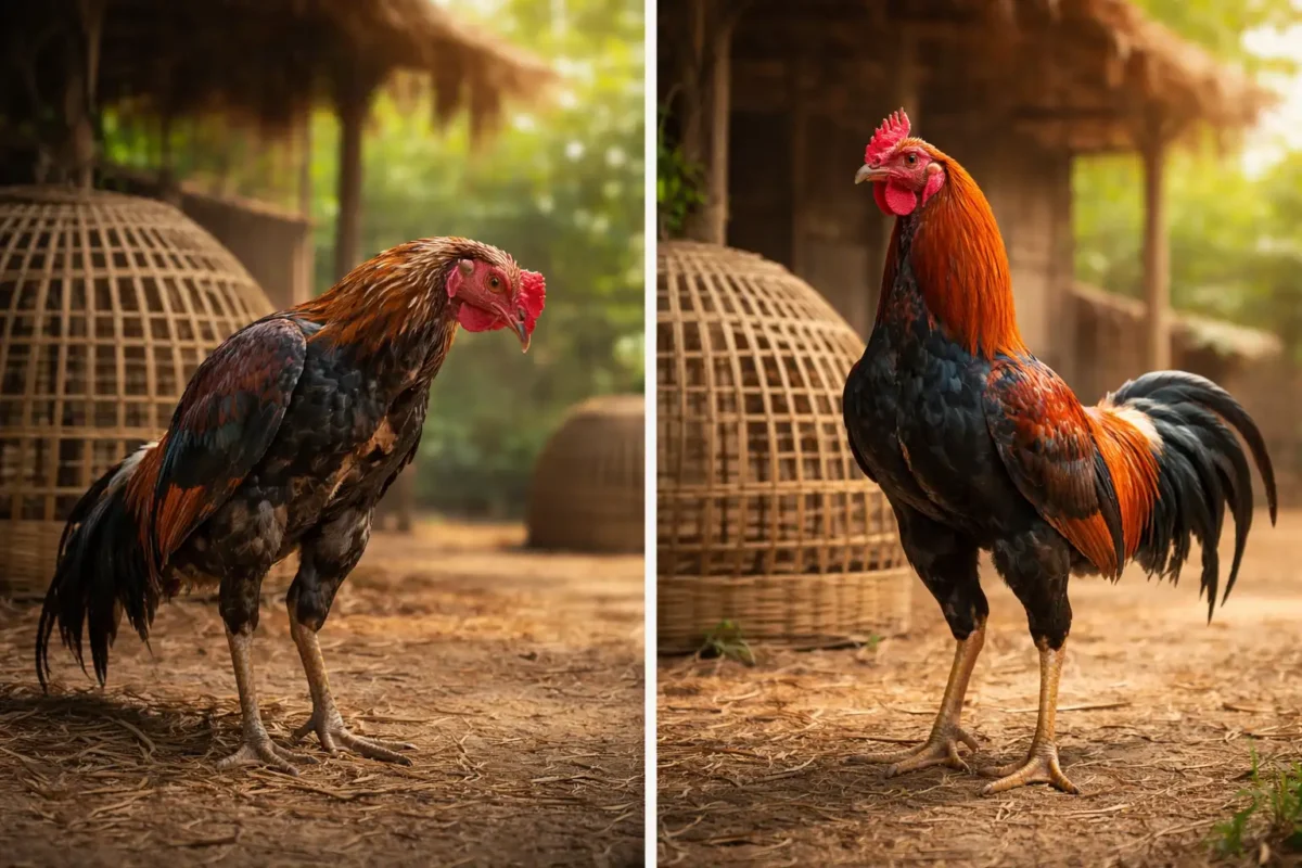 ไก่ชนซึมคอตกเปรียบเทียบกับไก่ชนแข็งแรงเพื่อแสดงอาการเครื่องตกในไก่ชน