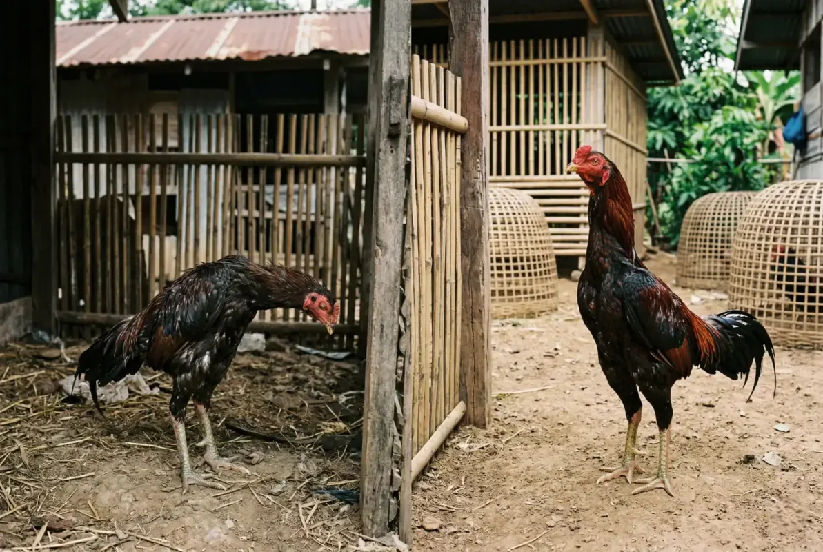 ไก่ชนซึมคอตกเปรียบเทียบกับไก่ชนแข็งแรงเพื่อแสดงอาการเครื่องตกในไก่ชน