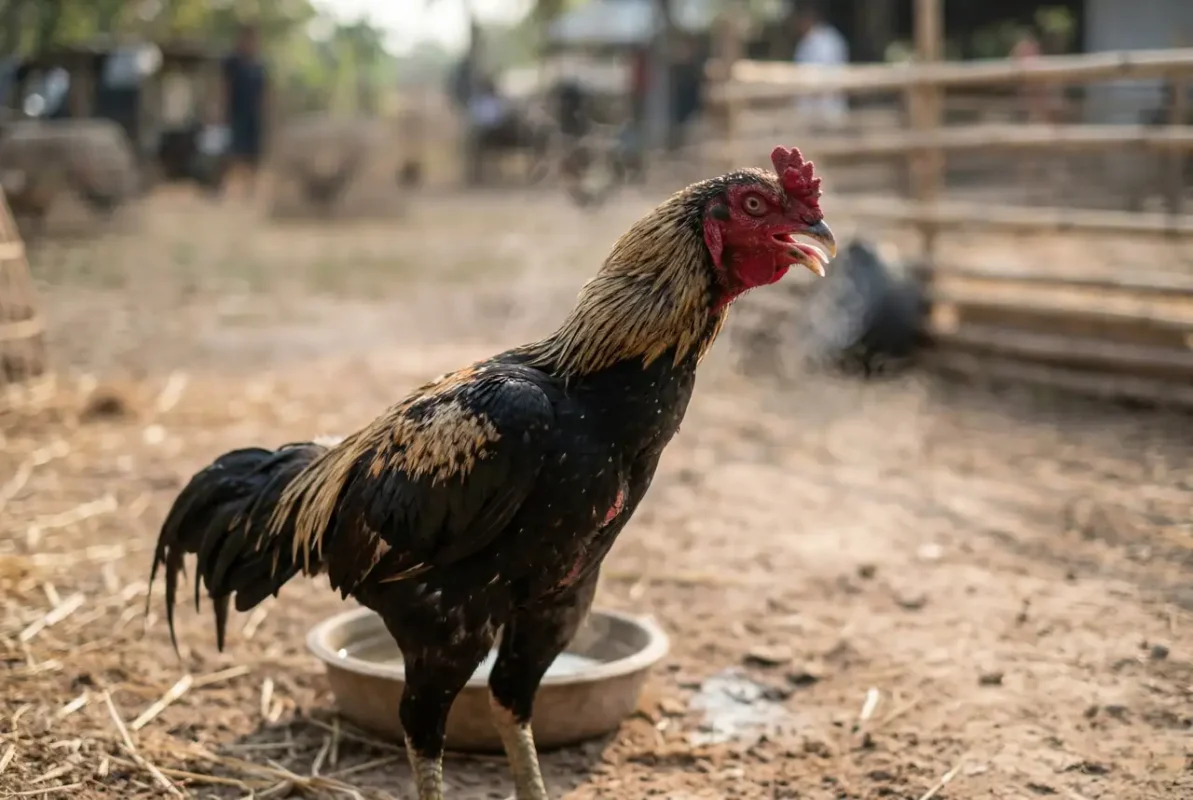 ไก่ชนหอบหลังซ้อมลงนวม แสดงอาการเหนื่อยง่ายในสนามฝึก