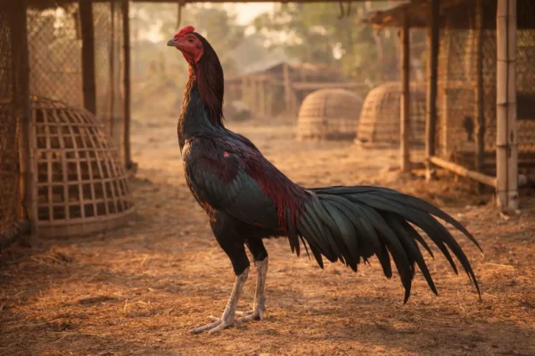 ไก่ชนกำลังฟื้นตัวหลังป่วยเริ่มกลับมาแข็งแรงในเล้าไก่พื้นบ้าน