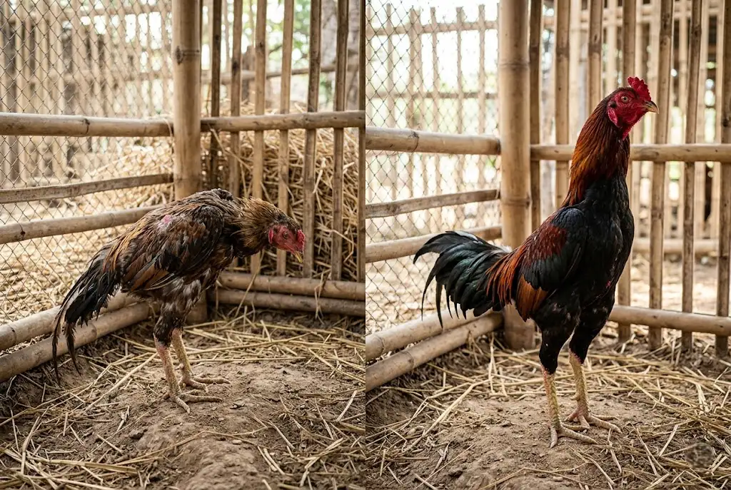 เปรียบเทียบไก่ชนก่อนและหลังฟื้นตัวจากโรคนิวคาสเซิล