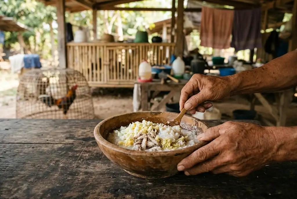 อาหารอ่อนโปรตีนสูงสำหรับไก่ชนหลังฟื้นไข้ประกอบด้วยข้าวต้ม ไข่ขาว และเนื้อปลา