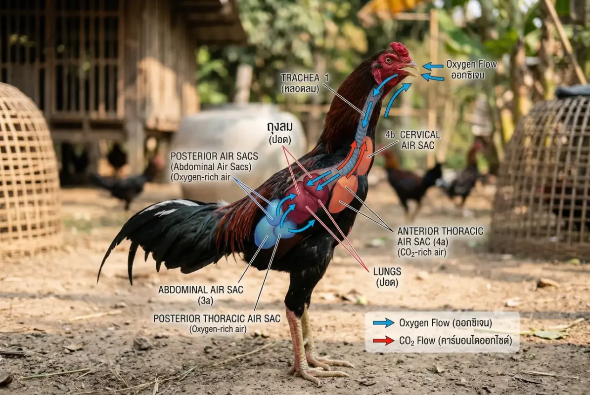 ระบบหายใจของไก่ชนและการนำออกซิเจนเข้าสู่ร่างกายระหว่างการซ้อม