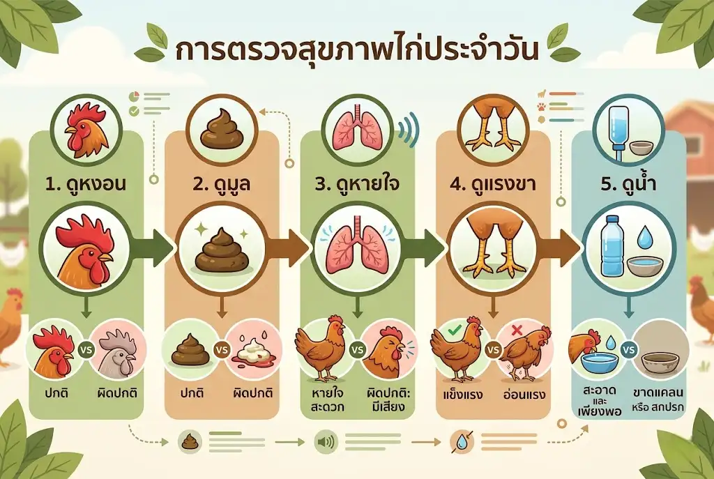 แผนผังการตรวจอาการไก่ชนซึมไม่กินอาหารแบบขั้นตอนสำหรับเจ้าของไก่ชน