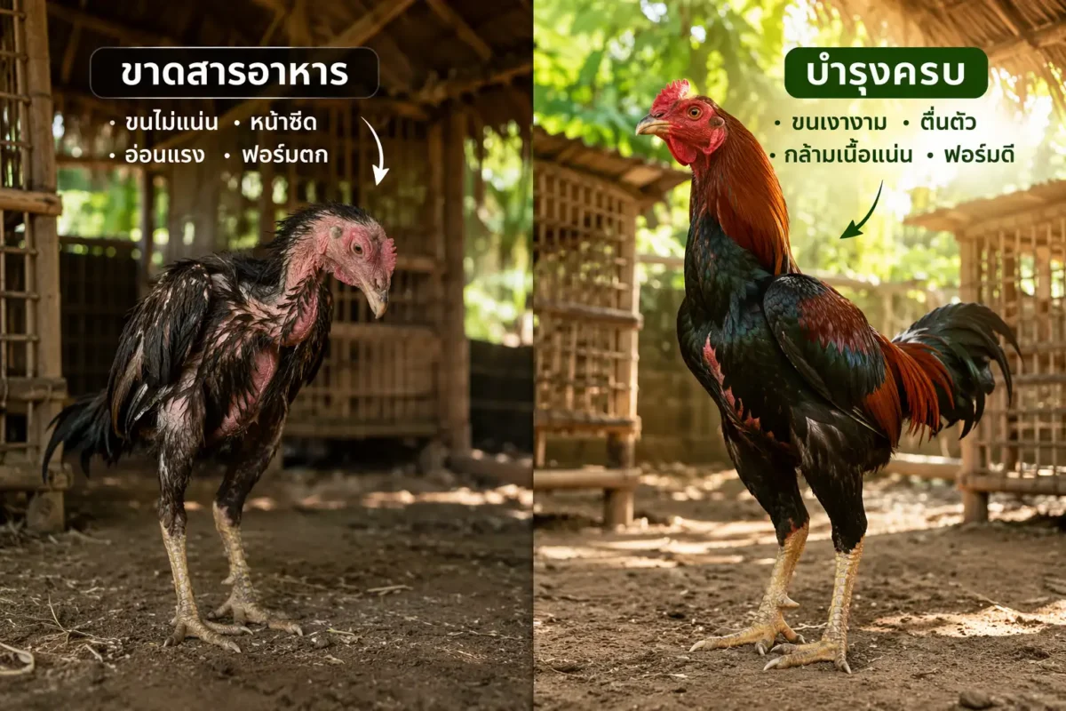ไก่ชนที่ได้รับวิตามินและแร่ธาตุครบเทียบกับไก่ชนที่ขาดสารอาหาร