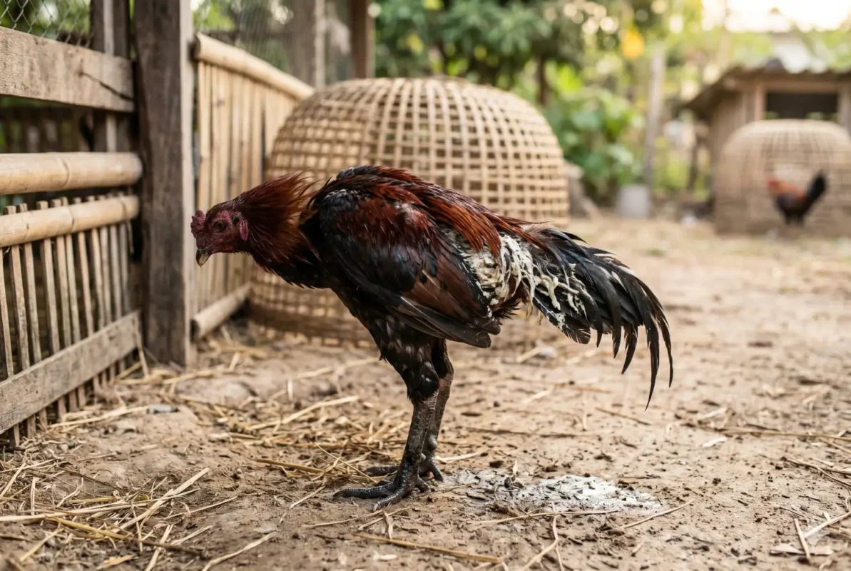 ไก่ชนมีอาการขี้ขาว มูลสีขาวติดขนรอบทวาร เป็นสัญญาณโรคขี้ขาวในไก่ชน