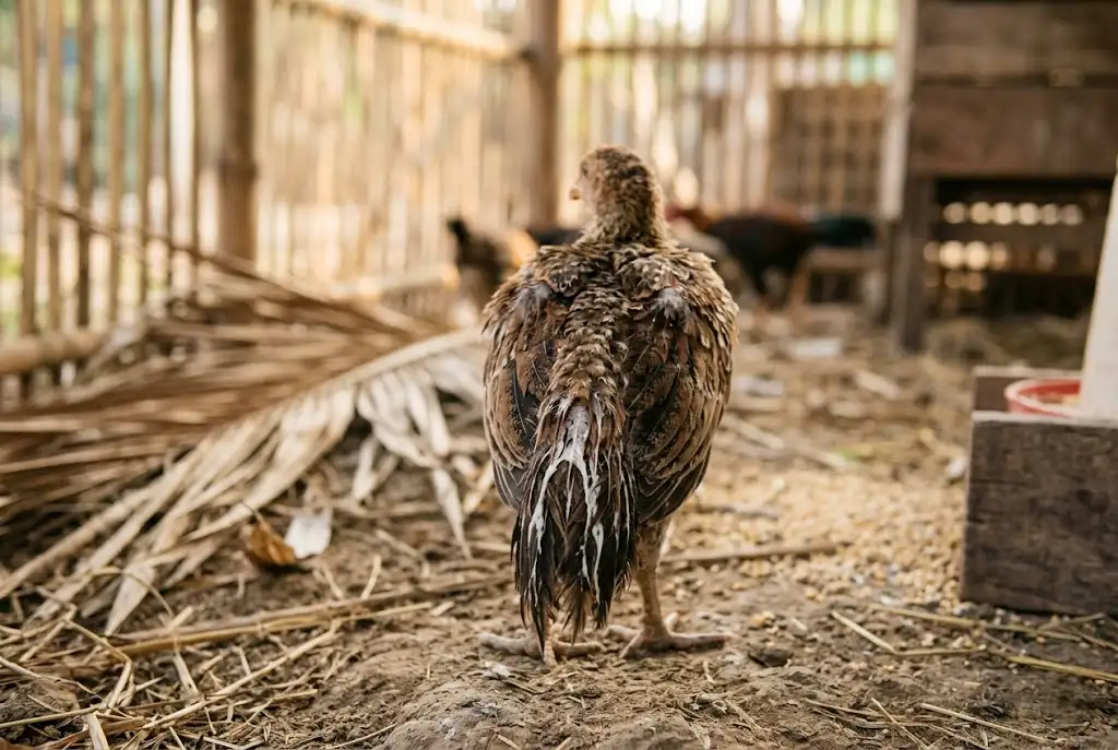 ไก่ชนมีอาการขี้ขาว มูลสีขาวติดขนรอบทวาร เป็นสัญญาณโรคขี้ขาวในไก่ชน