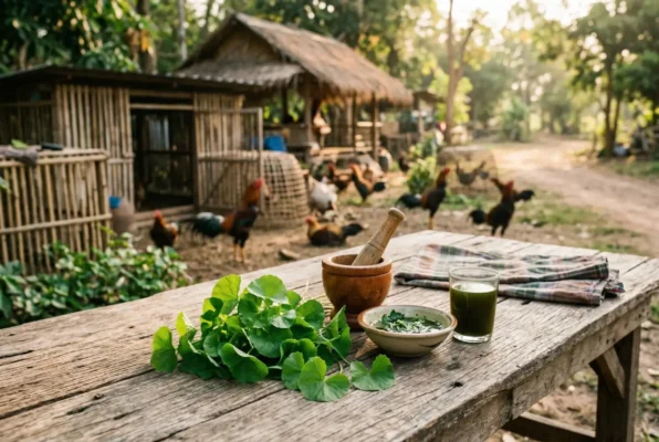 ใบบัวบก สมุนไพรพื้นบ้านสำหรับฟื้นฟูไก่ชนหลังชน