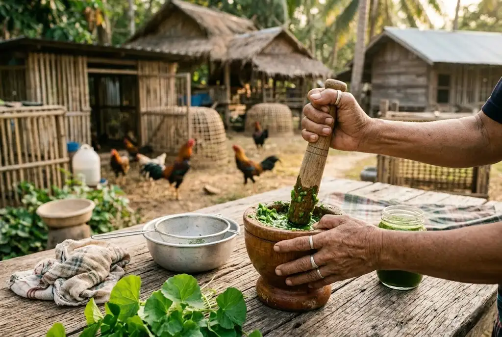 การเตรียมน้ำใบบัวบกสำหรับฟื้นฟูไก่ชนหลังชน