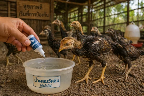 การให้วัคซีนกัมโบโรในลูกไก่ชนช่วงอายุ 2 ถึง 4 สัปดาห์