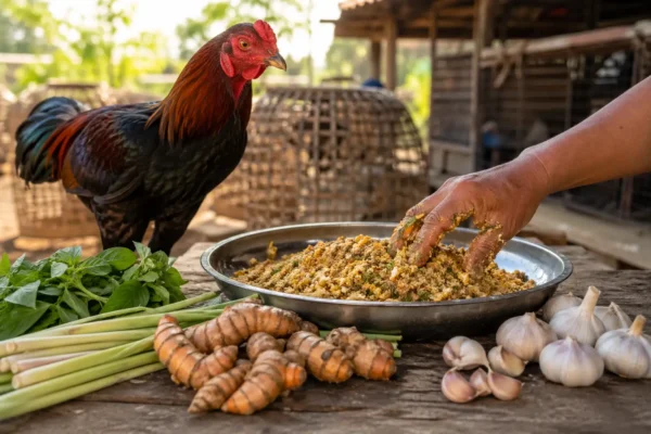 สมุนไพรผสมอาหารไก่ชนประจำวัน ขมิ้น กระเทียม ใบกะเพรา