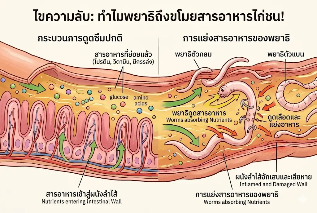 ภาพแสดงพยาธิในลำไส้ไก่ชนที่แย่งสารอาหารและทำให้ร่างกายอ่อนแอ