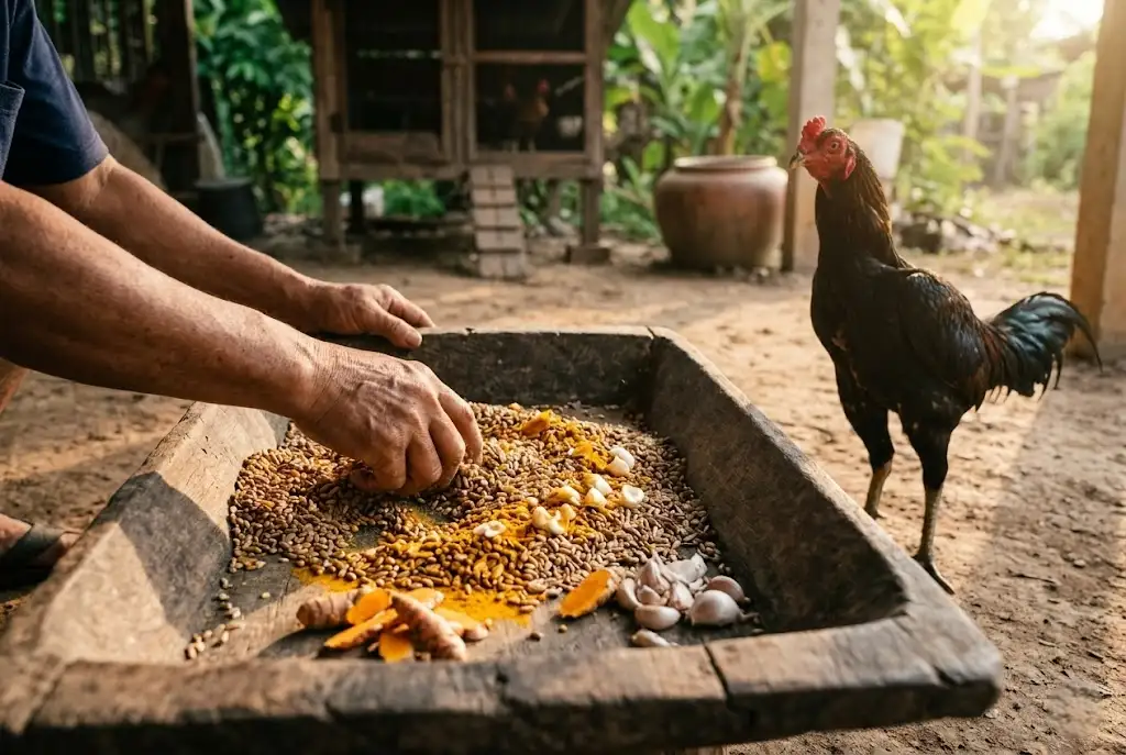 การคลุกสมุนไพรผสมอาหารไก่ชนเพื่อเพิ่มความคึก