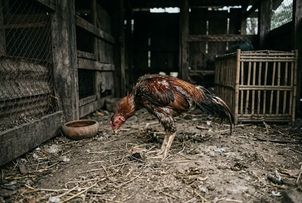 อาการเริ่มต้นของไก่ชนติดโรคนิวคาสเซิล เช่น ซึม คอตก ขนไม่แน่น