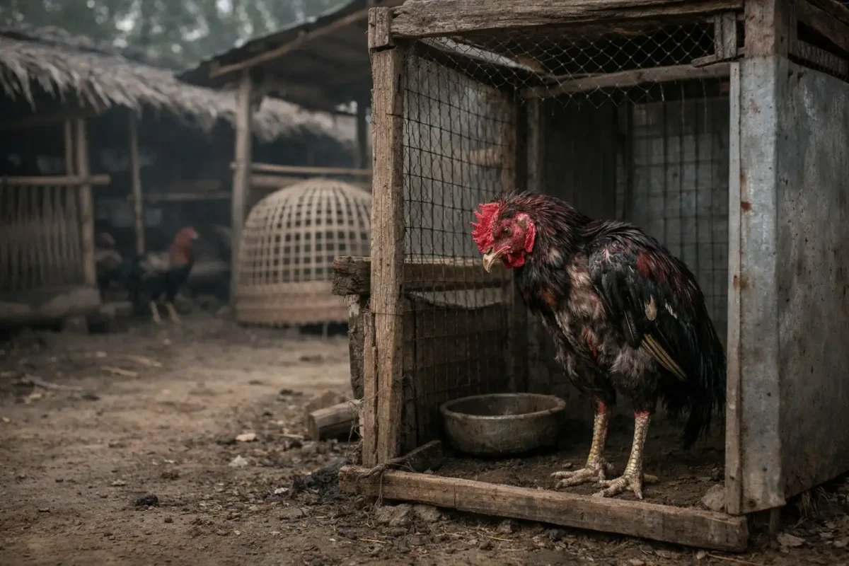 แยกไก่ชนป่วยโรคนิวคาสเซิลออกจากเล้าเพื่อลดการแพร่เชื้อ