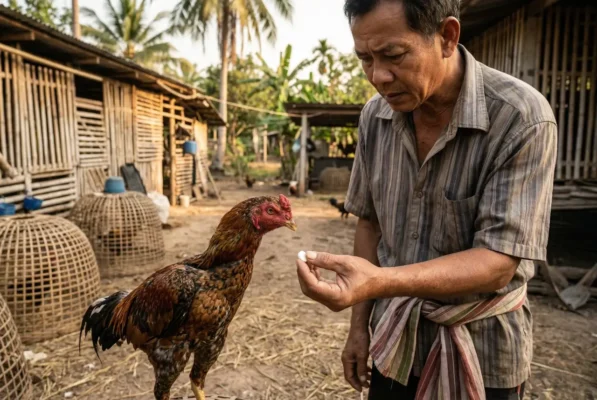 ไก่ชนป่วยเจ้าของกำลังถือยาพาราเซตามอลก่อนให้กินในเล้าไก่ชน