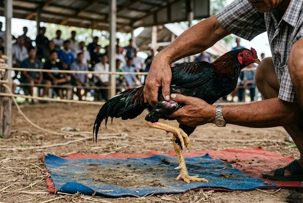 มือน้ำกำลังคลายกล้ามเนื้อขาไก่ชนเพื่อลดความล้าระหว่างพักยก