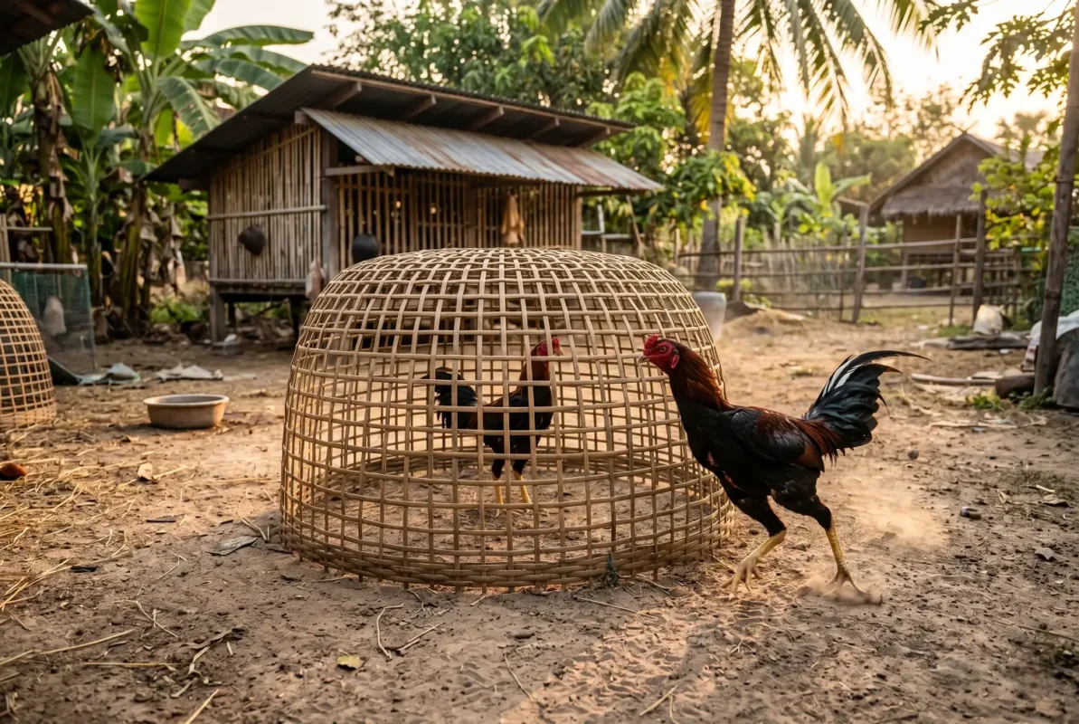 ไก่ชนกำลังวิ่งสุ่มล่อเพื่อเพิ่มกำลังขาและน้ำเลี้ยง