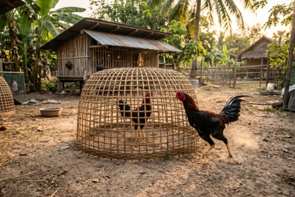 ไก่ชนกำลังวิ่งสุ่มล่อเพื่อเพิ่มกำลังขาและน้ำเลี้ยง