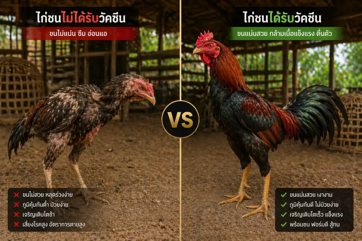 เปรียบเทียบไก่ชนที่ได้รับวัคซีนและไม่ได้รับวัคซีน