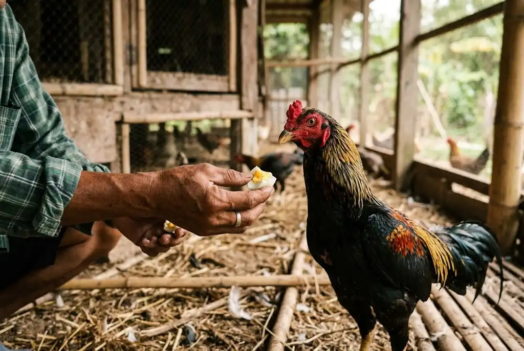 มือคนกำลังป้อนอาหารเสริมให้ไก่ชนอย่างพอดี สื่อถึงการเลี้ยงอย่างมีสมดุล