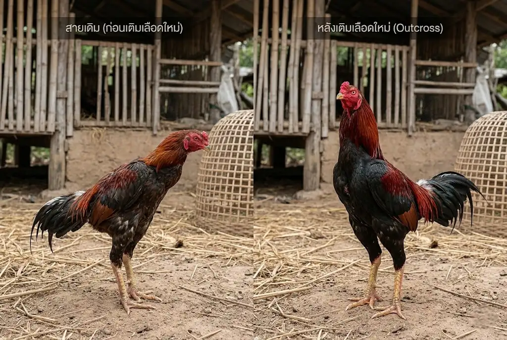 เปรียบเทียบไก่ชนก่อนและหลังการเติมเลือดใหม่แบบ Outcross