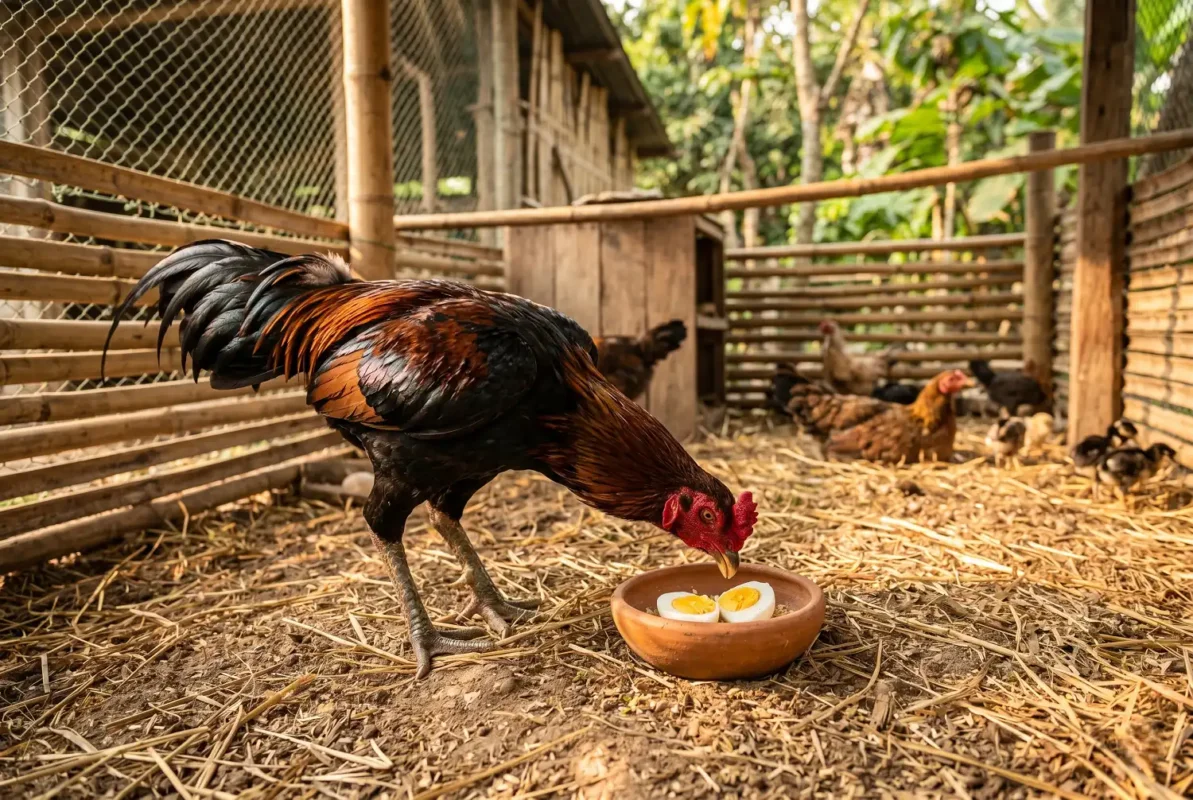 ไก่ชนกำลังกินไข่ต้มในเล้าไก่พื้นบ้าน อาหารโปรตีนธรรมชาติสำหรับบำรุงกล้ามเนื้อและฟื้นฟูร่างกาย