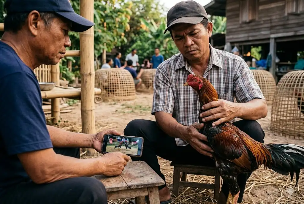 คนซื้อกำลังตรวจดูไก่ชนก่อนตัดสินใจซื้อ