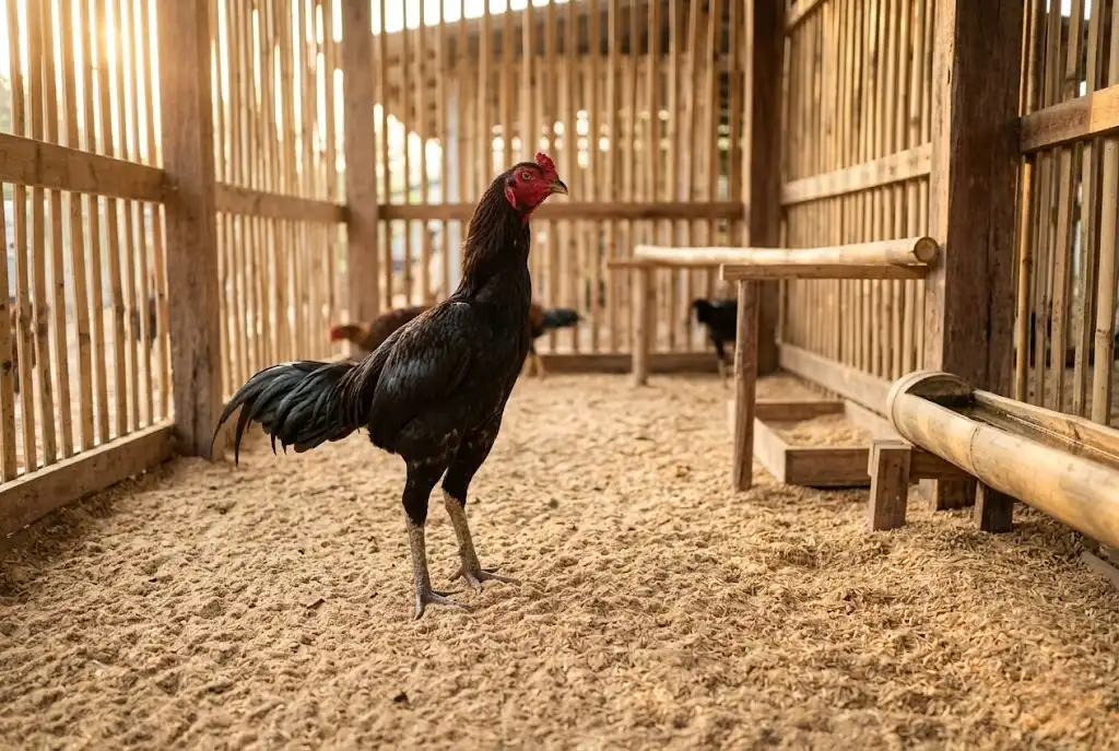 พื้นคอกไก่ชนที่สะอาดและเหมาะกับการป้องกันหน่อไก่