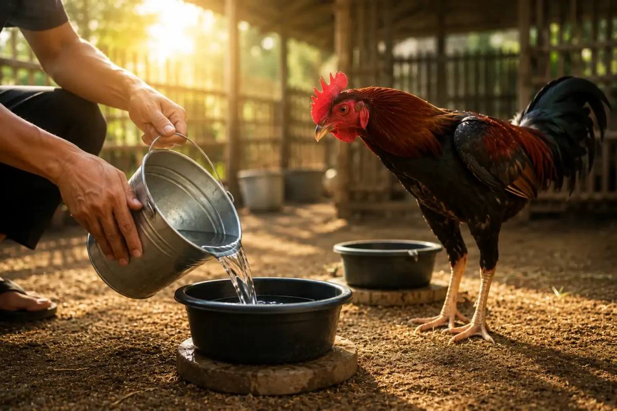 คนเลี้ยงไก่ชนกำลังเปลี่ยนน้ำสะอาดให้ไก่