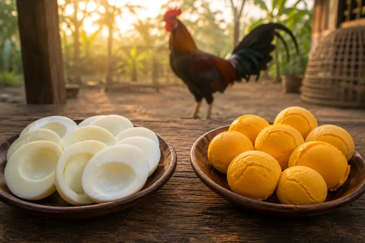 เปรียบเทียบไข่ขาวและไข่แดงสำหรับการบำรุงไก่ชน พร้อมไก่ชนยืนด้านหลัง