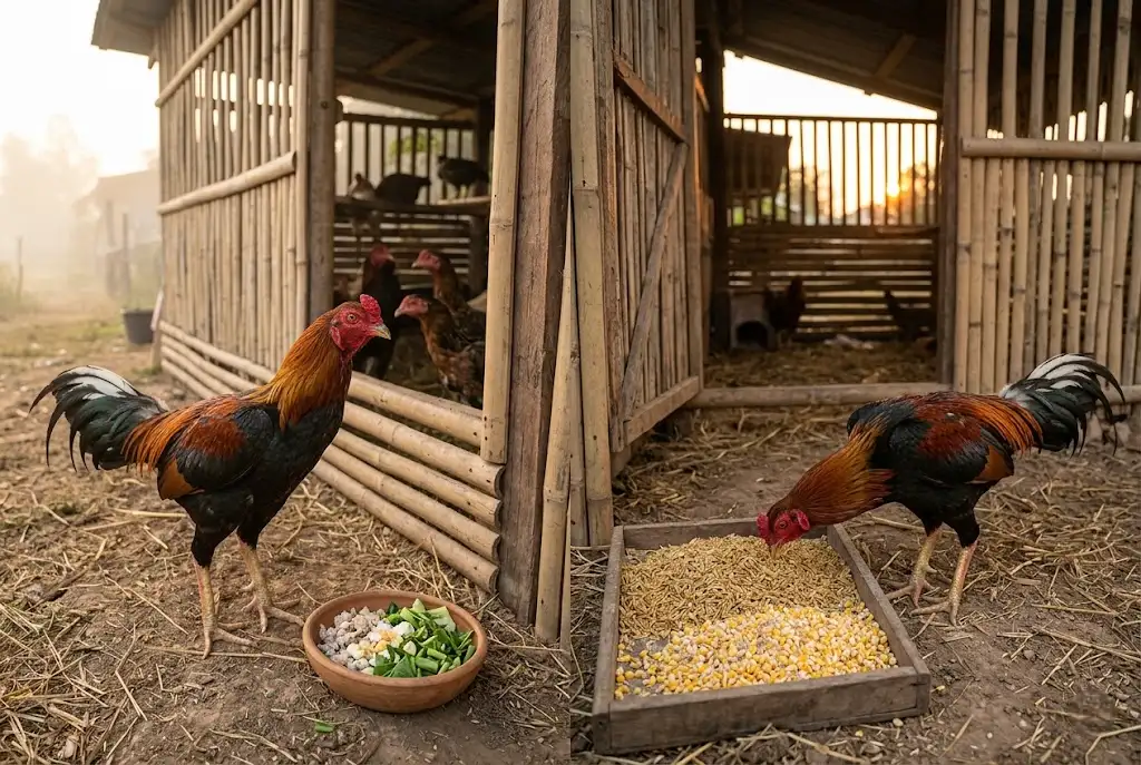 ภาพเปรียบเทียบการให้อาหารไก่ชนช่วงเช้าและช่วงเย็นในช่วงอัดน้ำเลี้ยง
