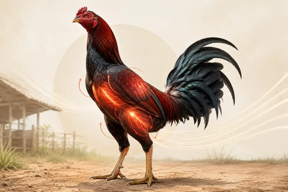 ภาพกึ่งอินโฟกราฟิกแสดงการนาบกระเบื้องช่วยกระตุ้นการไหลเวียนเลือดในไก่ชน