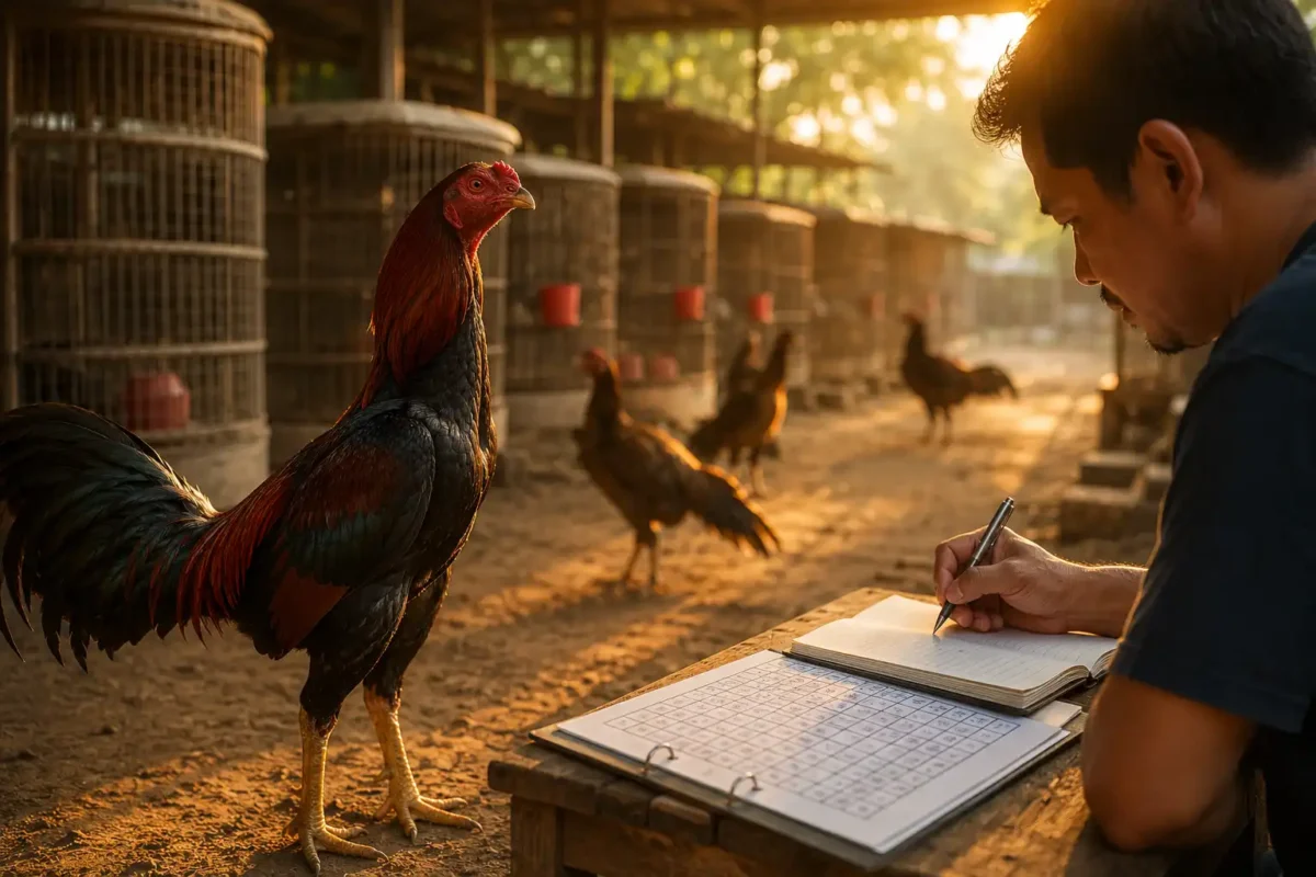 พ่อพันธุ์ไก่ชนยืนในซุ้มเพาะพันธุ์พร้อมระบบจัดตารางผสม