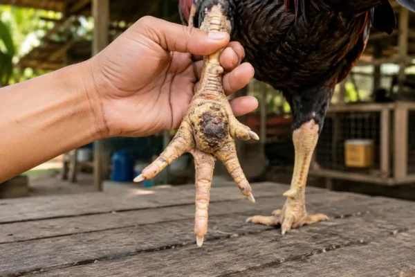 หน่อไก่ใต้ฝ่าเท้าไก่ชน ลักษณะก้อนแข็งและสะเก็ดดำ