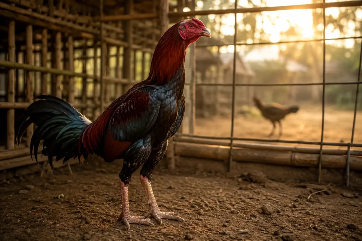 ไก่ชนยืนเดี่ยวในคอกช่วงเลี้ยงออกชนเพื่อคุมความนิ่งก่อนวันชน