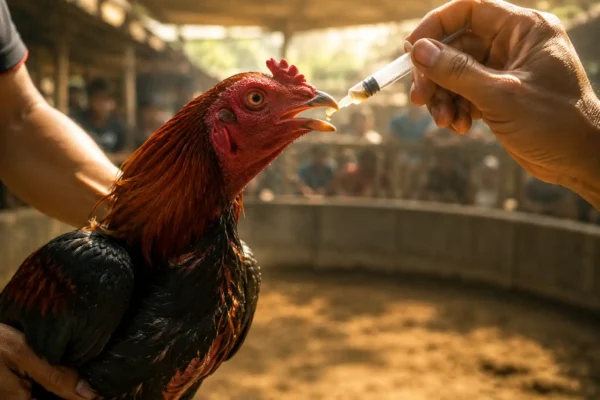การป้อนกลูโคสให้ไก่ชนก่อนลงสนามเพื่อเติมพลังงานพร้อมใช้