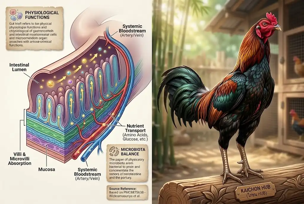 ภาพอธิบายการดูดซึมสารอาหารในลำไส้ไก่ชน