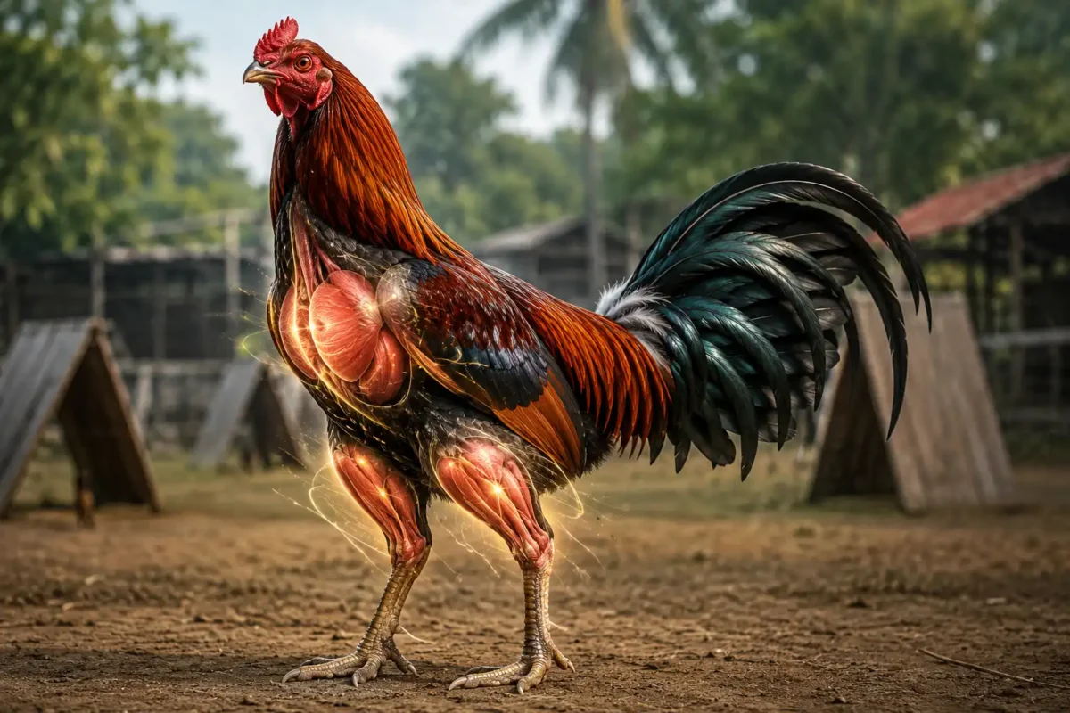 ไก่ชนยืนโชว์กล้ามเนื้อแน่น พร้อมภาพกึ่งอินโฟกราฟิกอธิบายโปรตีนและการฟื้นฟูกล้ามเนื้อ
