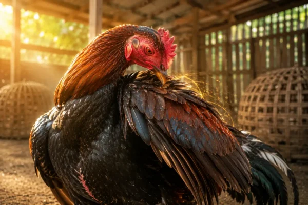 ไก่ชนกำลังไซ้ขนเพื่อดูแลสภาพขนตามธรรมชาติ