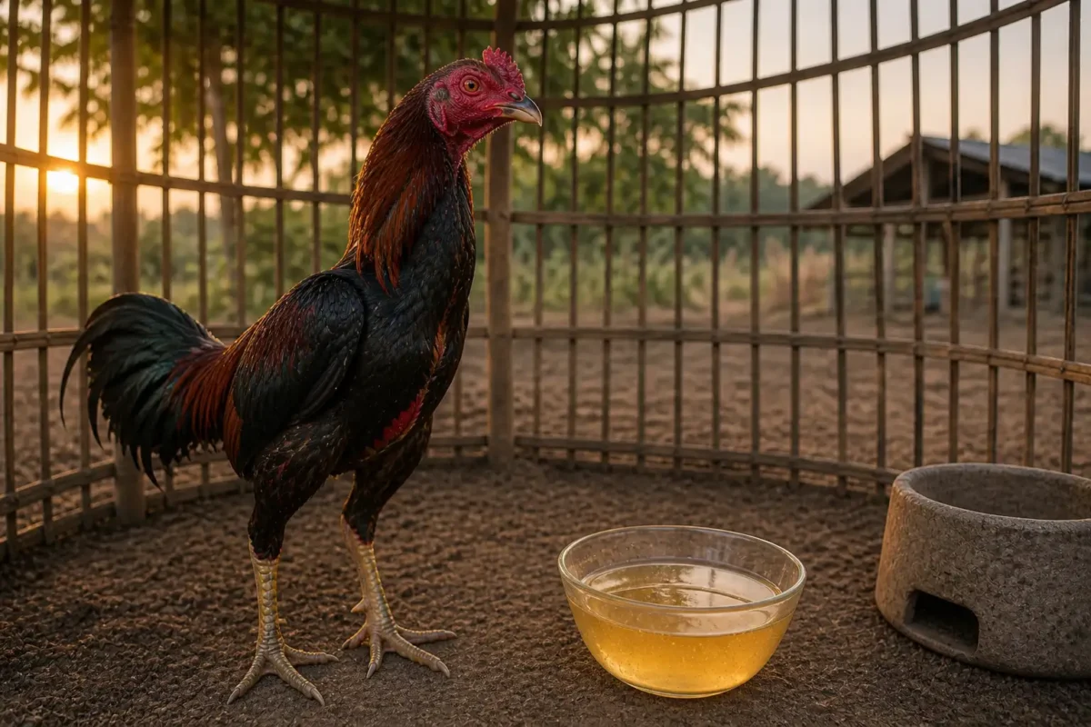 ไก่ชนพักฟื้นหลังซ้อมและได้รับน้ำผึ้งเพื่อเสริมพลัง