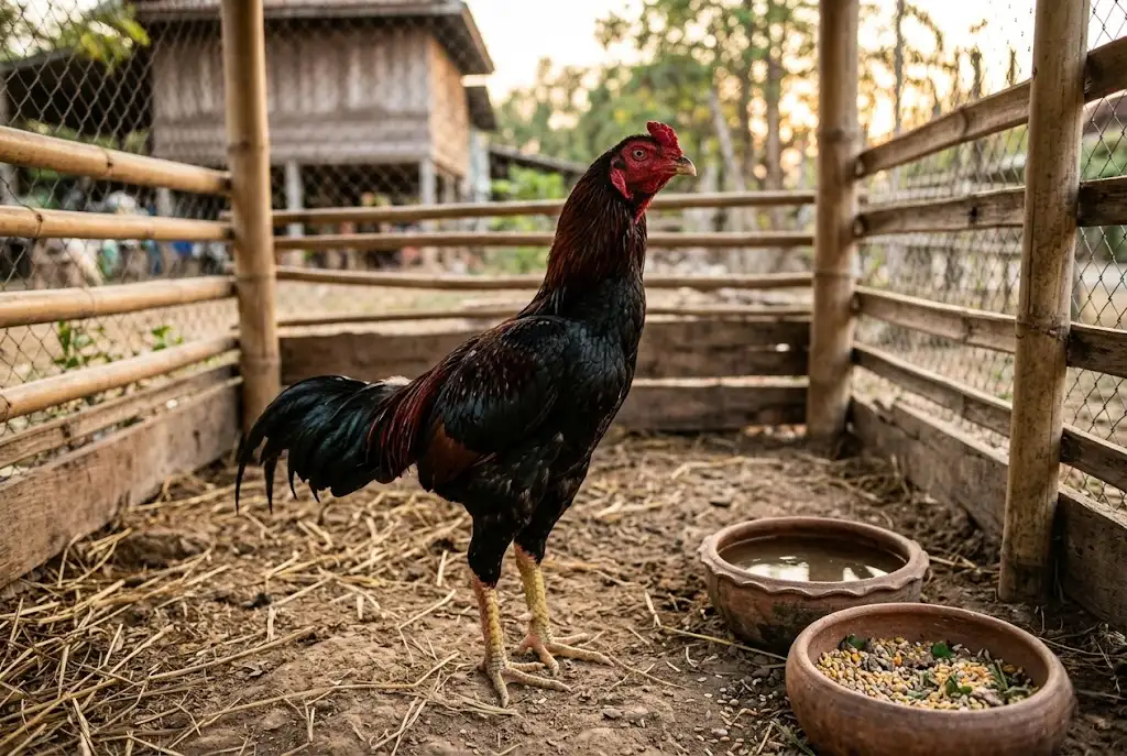 ไก่ชนกำลังพักฟื้นหลังซ้อมเพื่อฟื้นฟูร่างกายและระบบเลือด