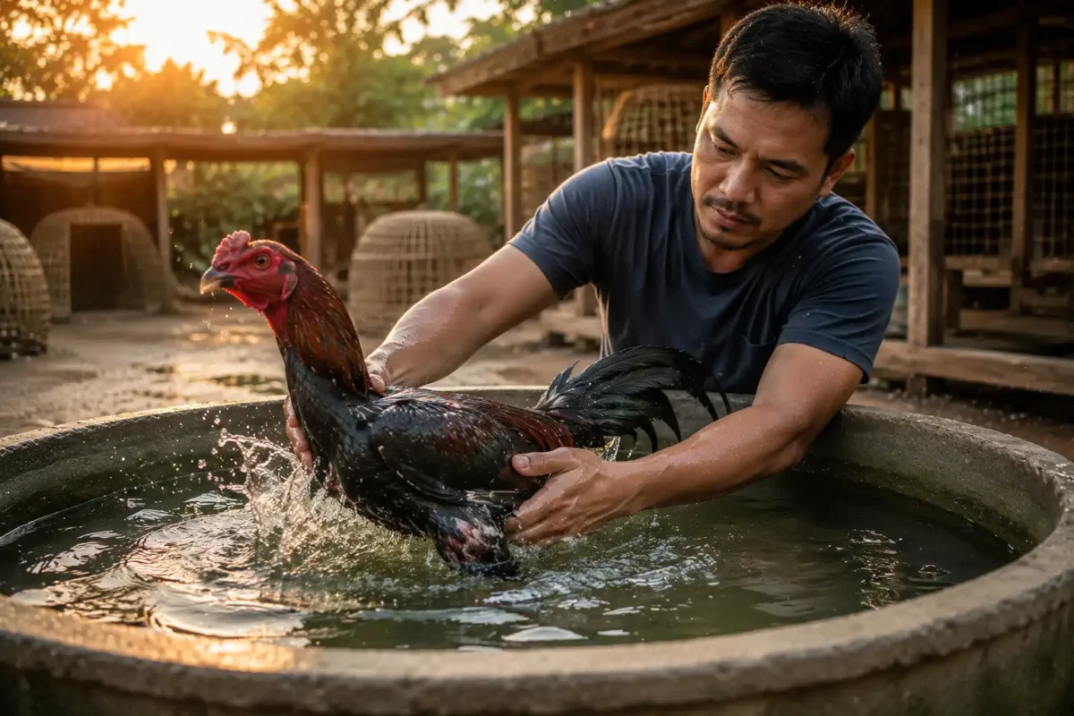 ไก่ชนกำลังออกกำลังกายในน้ำโดยมีเจ้าของคอยดูแล