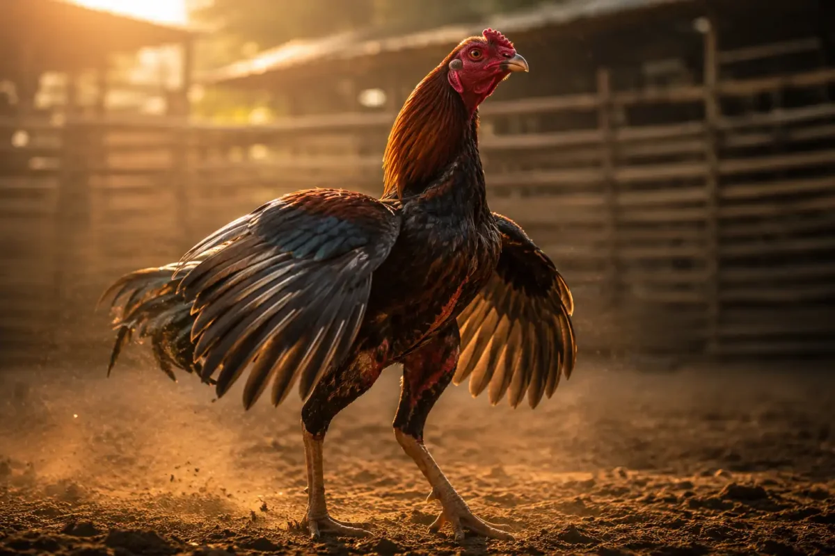 ไก่ชนกำลังกางปีกเพื่อรักษาสมดุลก่อนขึ้นตีในสนามชน