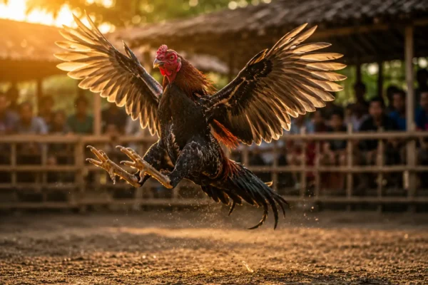 ไก่ชนกำลังกางปีกเพื่อช่วยทรงตัวระหว่างเคลื่อนไหว